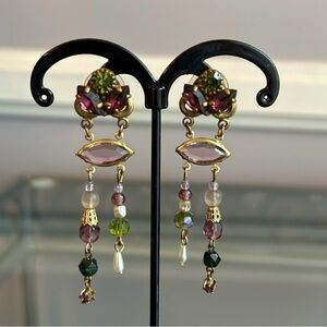 Vintage chandelier earrings purple and green crystals and beads on gold tone